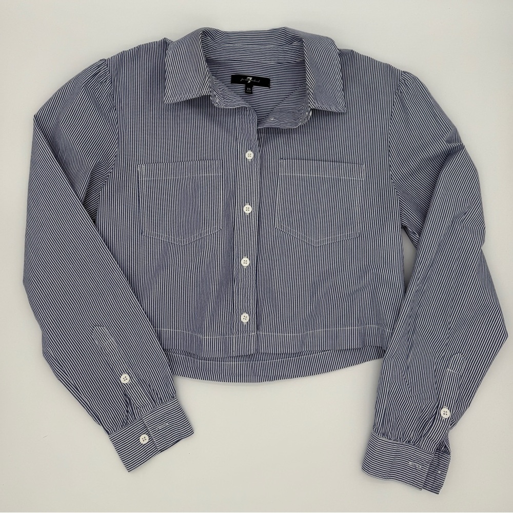 7 For All Mankind Blue White Pinstripe Cropped Button Womens XS Nautical 90’s